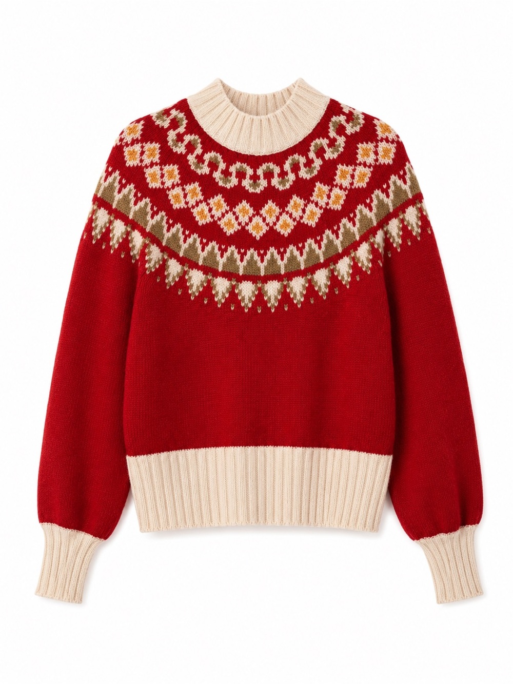 Brooks brothers red cream yellow tan Fairisle sweater size medium puffy sleeves